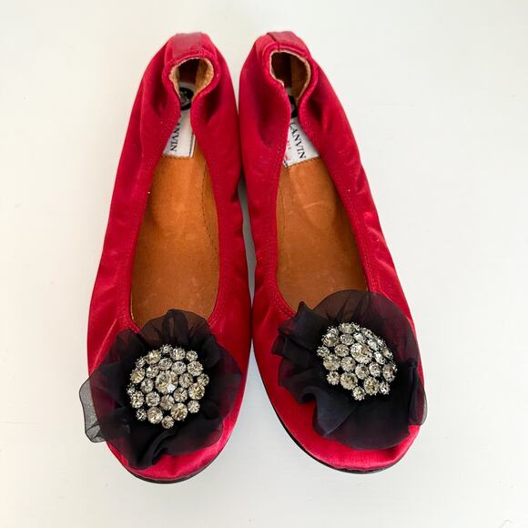 Lanvin Ballet Crystal Embellished Slip On Flats Red 40 - Picture 9 of 11